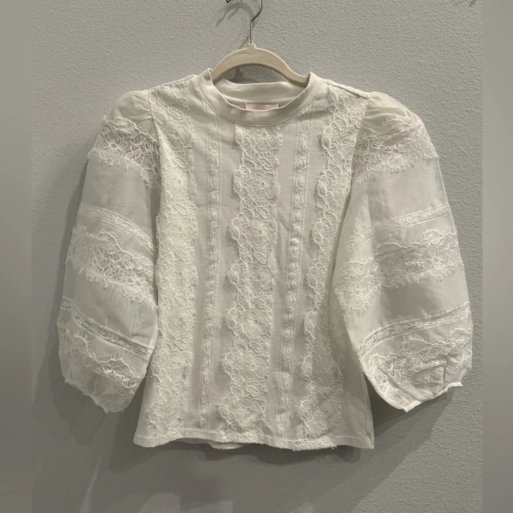 NWT Cinq à Sept White Lace Stefania Trim Shirt 3/4 Sleeve Blouse Size XS - Picture 4 of 12